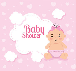 baby shower card with cute girl and cloud vector illustration design