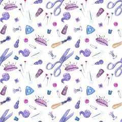 Watercolor seamless pattern with sewing accessories and attributes. Parts and tools for tailors