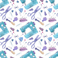 Watercolor seamless pattern with sewing accessories and attributes. Parts and tools for tailors