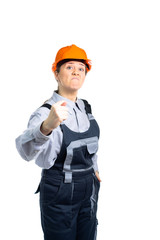 girl builder engineer shows finger to camera FIG. Isolated