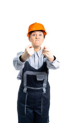 girl construction engineer shows fingers on the camera FIGS. Isolated