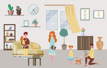 Happy family characters at home interior parents and their children in living room vector illustration. Family characters of father, mother, son and daughters, cats at home, happy people house.