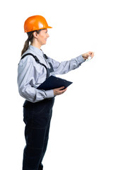 A female civil engineer stands sideways with a contract and holds out her hand with the keys to the apartment. Isolated