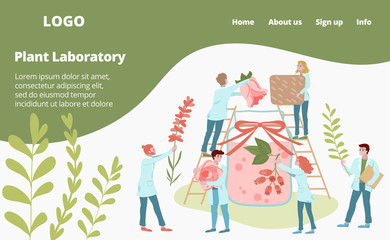 Laboratory medicines from plants and agricultural genetics web template vector illustration. Scientist mini people make herbal medicine from plants. Medics analyzing plants, herbs and flowers webpage.