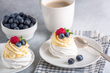 Delicious Pavlova cake with whipped cream and fresh berries. White cup of coffee. Selective focus