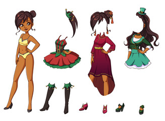 Cute dress up paper doll with black hair. Christmas, Lunar New Year, Saint Patrick's Day. Body template, haircuts, underwear, clothes and accessories. Children books, games, t-shirt.