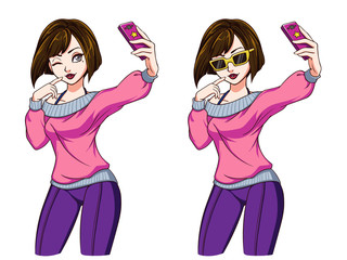 Sexy cartoon girl takes a selfie. Girl in pink shirt, violet leggings and yellow sunglasses.