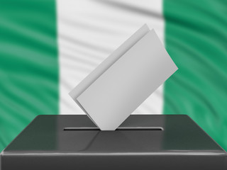 Ballot box with Nigerian flag on background 