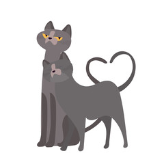 Cats in love isolated on a white background. A pair of cats with heart shaped tails. Vector illustration.