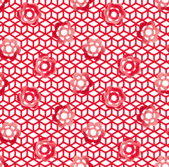 Seamless pattern of Irish lace crocheted on a mesh of air loops. Voluminous flowers are knitted with red melange yarn.