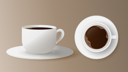 Realistic cup with coffee set. Vector. White cup on a saucer side and top view. Espresso isolated on a white background.