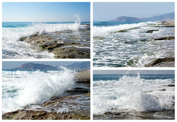 Collage of the sea coast photos with waves and splashes