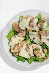 organic chicken caesar salad with parmesan cheese and croutons
