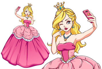 Pretty cartoon princess taking selfie. Blondie girl wearing pink royal dress and golden crown. © TomatoLaccoon