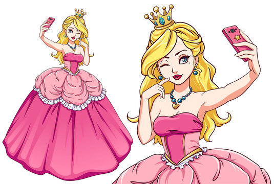 Pretty cartoon princess taking selfie. Blondie girl wearing pink royal dress and golden crown.