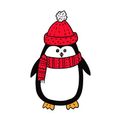 Cute penguin in a red hat and scarf. Color vector illustration. Hand-drawn in doodle style isolated on a white background
