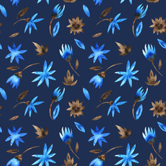 Watercolor seamless pattern with hand painted watercolor blue flowers, brown color, vintage. Stock illustration. Fabric wallpaper print texture.