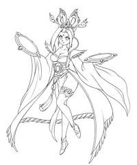 Pretty wizard girl wearing traditional chinese dress and jewelry. Hand drawn contour anime illustration.