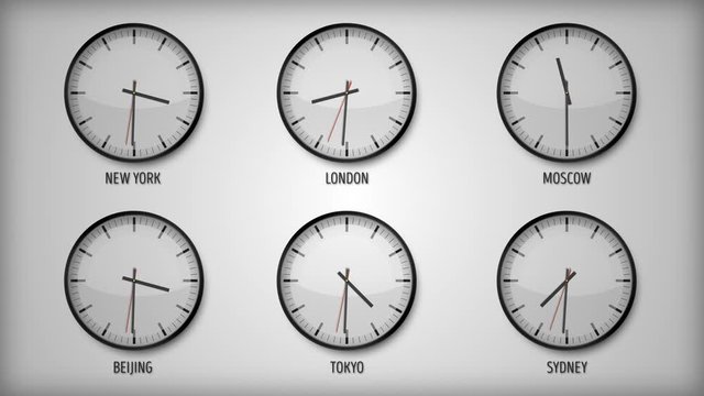 Design Clock Time Zone With Time World Capitals/ 4k animation of a design background with clock time lapse and time zone
