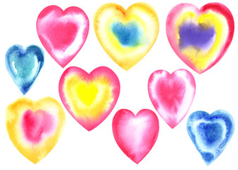 Set of hand painted watercolor hearts, bright colors. Stock illustration, Valentine's day, romantic post cards, greeting cards.