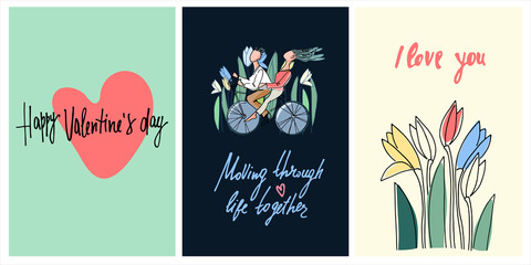Set of Valentines Day, romantic, wedding cards. Hand drawn elements, trendy style