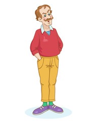 Elegant fashionable adult man stands with his hand in his pocket.  In cartoon style. Isolated on white background. Vector illustration.