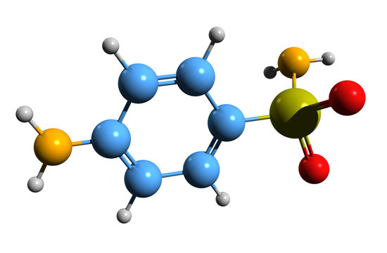 3D image of sulfanilamide skeletal formula - molecular chemical structure of sulphanilamide isolated on white background