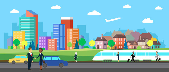 Flat vector cartoon style illustration of urban landscape road with car, train skyline city office buildings and family houses in small town village in backround with forest, mountain people. Panorama