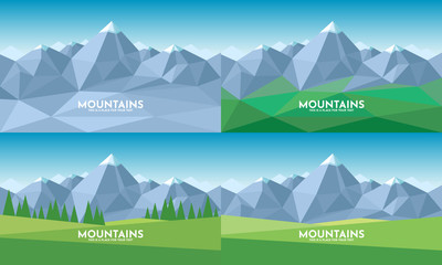 Landscape with Mountain and green field view. Vector banners set with polygonal landscape illustration. Flat design. 4 background in different seasons. Simple style