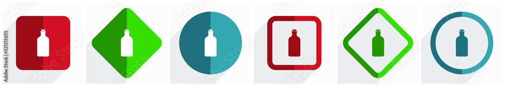 Aufkleber bottle, drink icon set, flat design vector illustration in 6 options for webdesign and mobile applic