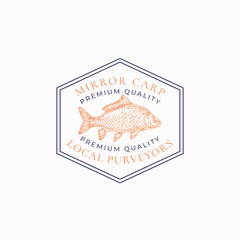 Fish Vintage Frame Badge or Logo Template. Hand Drawn Wild Mirror Carp Sketch Emblem with Retro Typography.