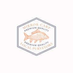 Obraz premium Fish Vintage Frame Badge or Logo Template. Hand Drawn Wild Mirror Carp Sketch Emblem with Retro Typography.