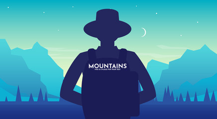 Man with backpack, traveller or explorer wearing a hat at night standing and looking on valley. Concept of discovery, exploration, hiking, adventure tourism and travel. Flat vector illustration.