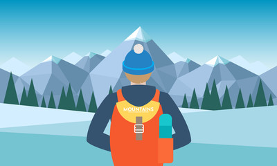 Man with backpack in a hat, with a thermos, traveller or explorer standing and looking on valley. Concept of discovery, exploration, hiking, adventure tourism and travel. Flat vector illustration.