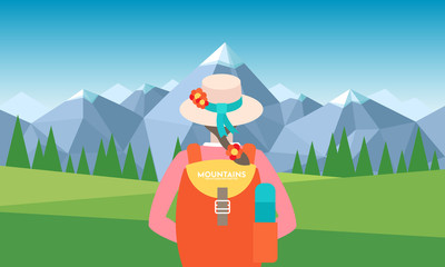 Girl with backpack, traveller or explorer standing and looking on valley to mountains. Concept of discovery, exploration, hiking, adventure tourism and travel. Flat vector illustration design template