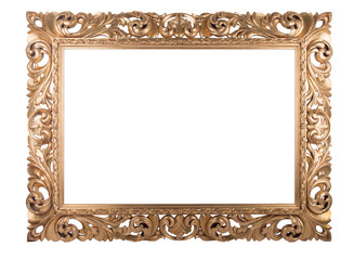 Wooden golden frame with rich woodcut ornament, isolated on white