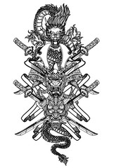 Obraz premium Tattoo art dargon hand drawing and sketch black and white
