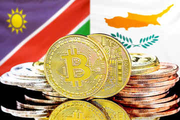 Bitcoins on Namibia and Cyprus flag background.