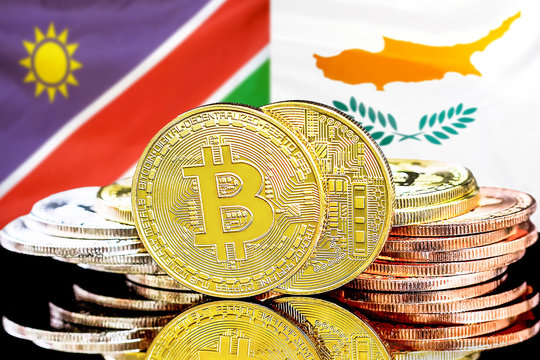 Bitcoins on Namibia and Cyprus flag background.