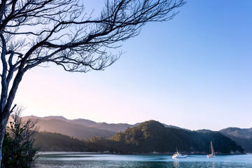 Sunset with boat lay at anchor in a bay of Abel Tasman National Park, New Zealand
