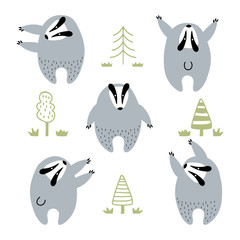 set of cute badgers vector illustration set
