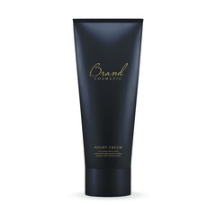 Black cosmetics plastic tube. 3d realistic mockup. Front view. Vector illustration isolated on white background. Can be use for your design, advertising, promo. EPS10
