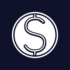 White Coin dollar icon. isolated on dark background. 