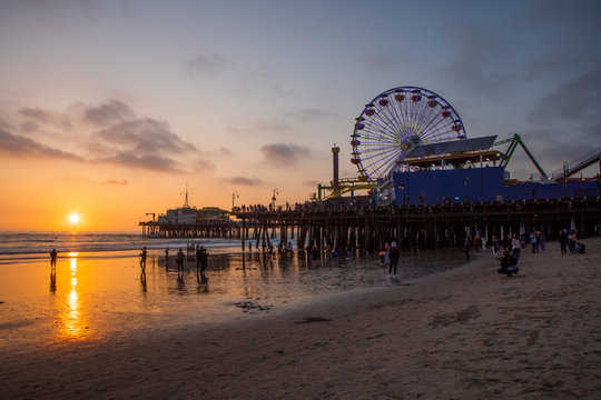 Santa Monica pier & beach at sunset, Los Angeles, California