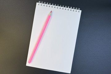 Pink pencil on a white sheet of notepad paper on a dark gradient from brown to blue background. Blank paper sheet and pencil for mock up. copy space