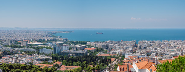 Panoramic view of city of Thessaloniki and the blue Aegean sea from the Tower of Trigonion (Alysseos Tower). Thessaloniki aerial panorama.