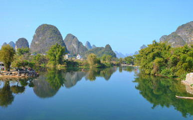 Beautiful View of Yulong River and the Mountains Next to Yangshuo, China