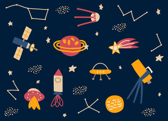 Hand drawn cartoon illustration rocket, planets, comet, stars, ufo. Space exploration, space trip. Childish, Scandinavian style background.  Illustration for textile, fabric, wallpaper, web design