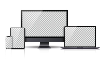 Realistic set of Monitor, laptop, tablet, smartphone dark grey color - Stock Vector. - obrazy, fototapety, plakaty