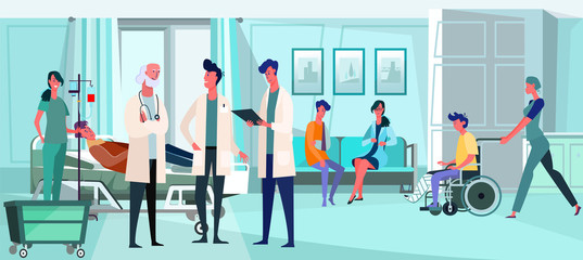 Doctors working with patients in hospital interior. Nurses, transfusion, broken bones flat vector illustration. First aid station, medical help concept for banner, website design or landing web page